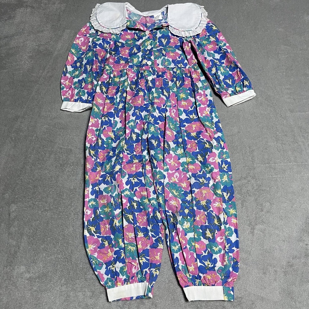 Girls Floral Puff-Sleeve Romper with Peter Pan Collar - Purple & Pink